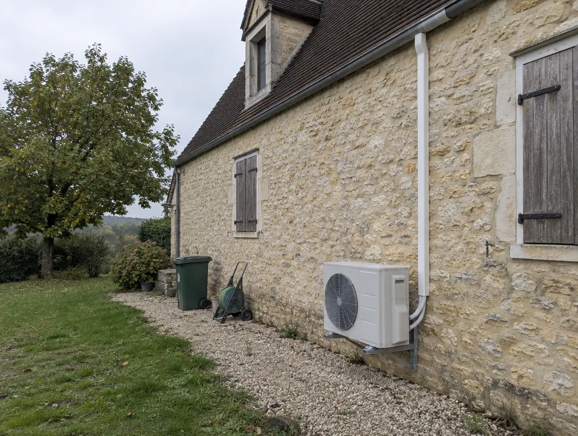 Après : unité extérieure de pompe à chaleur sur le mur