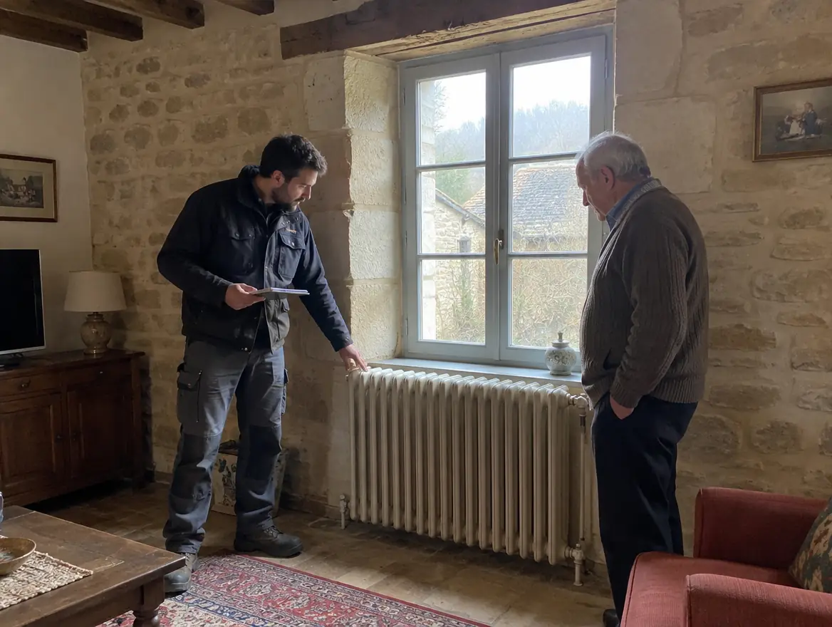 Un technicien examine un radiateur en fonte avec le propriétaire
