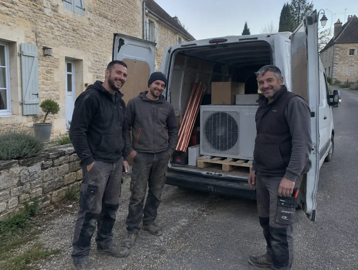 Une équipe d'installateurs de pompes à chaleur devant leur fourgon, dans un village du Périgord